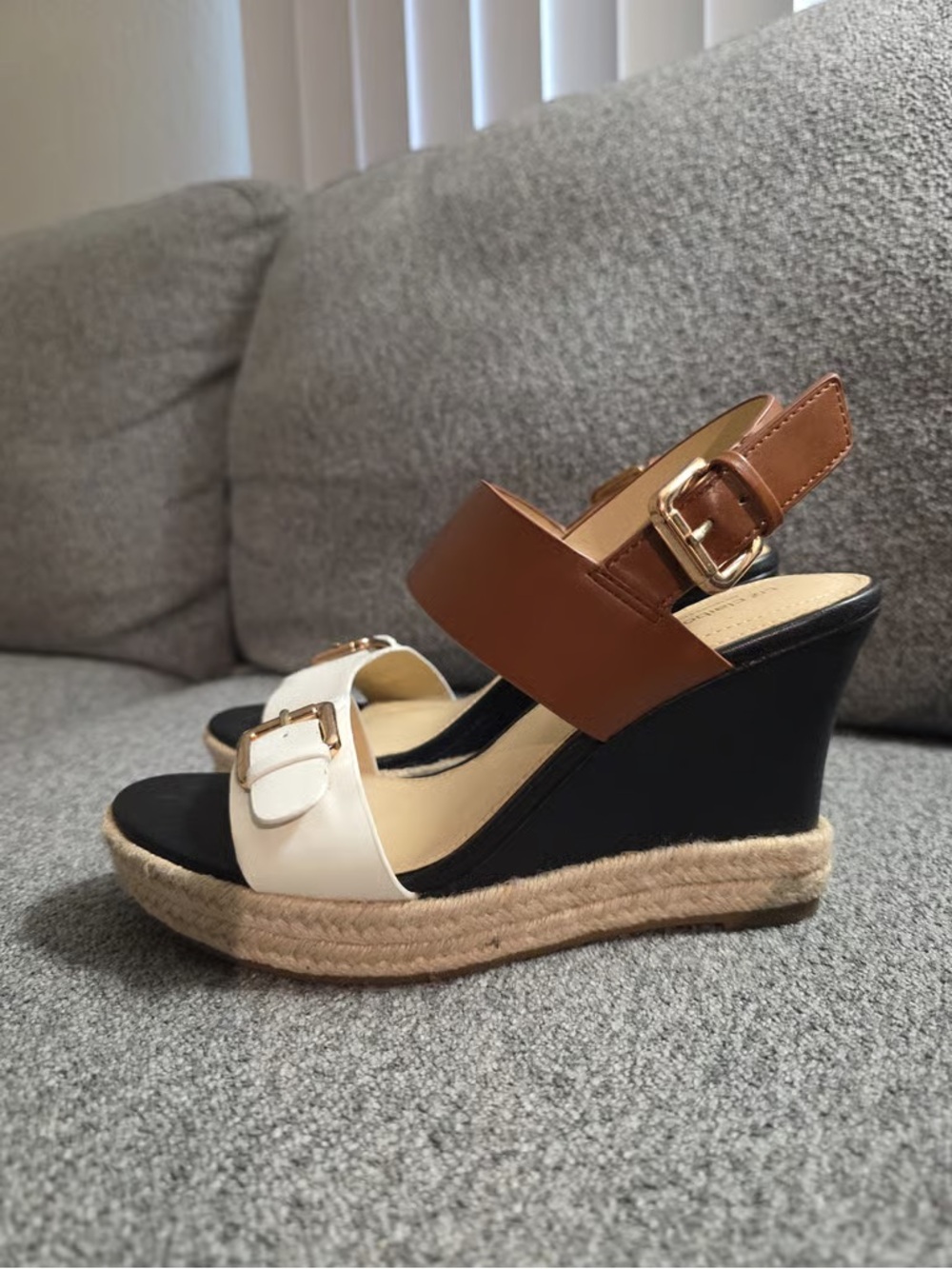 Time and Tru Two-Tone Espadrille Wedge Sandals - White & Brown